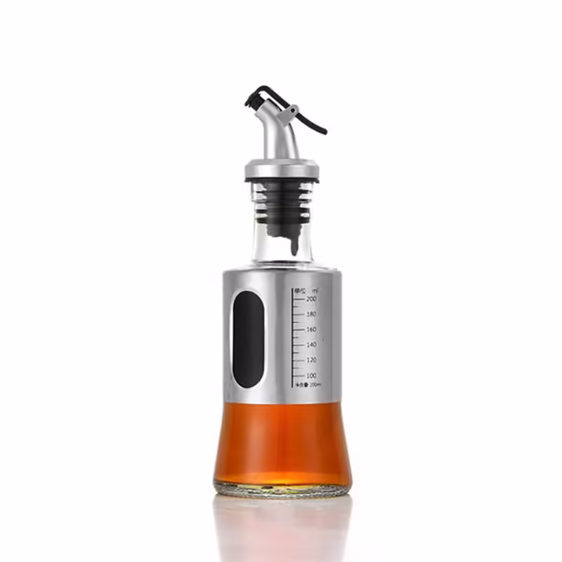 Sticla de ulei, Sticla de Ulei din Otel Inoxidabil, Sticla pentru Lichide de Bucatarie, Sticla pentru Lichide de Gatit, 19 x 6.5 cm, volum 200 ml, Gri Transparent