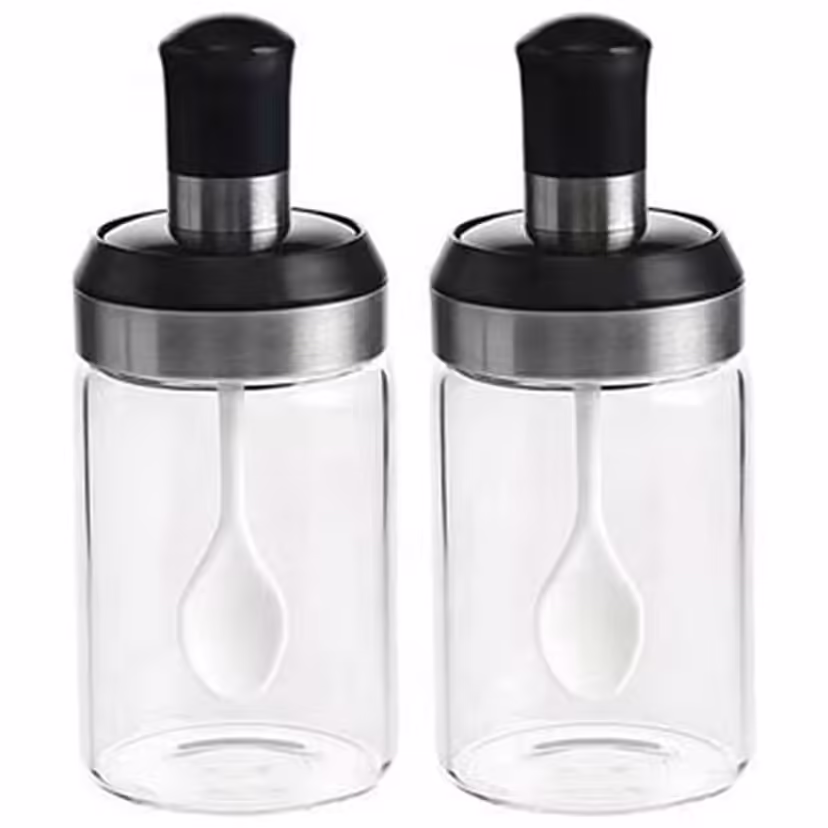 Sticle si Borcane de Ulei de Masline, Dozator Set 4 Bucati, 2 Sticle cu Dispenser 500 ml/buc, 2 Borcane pentru Condimente cu Capac si Lingura 120ml/buc, Transparent