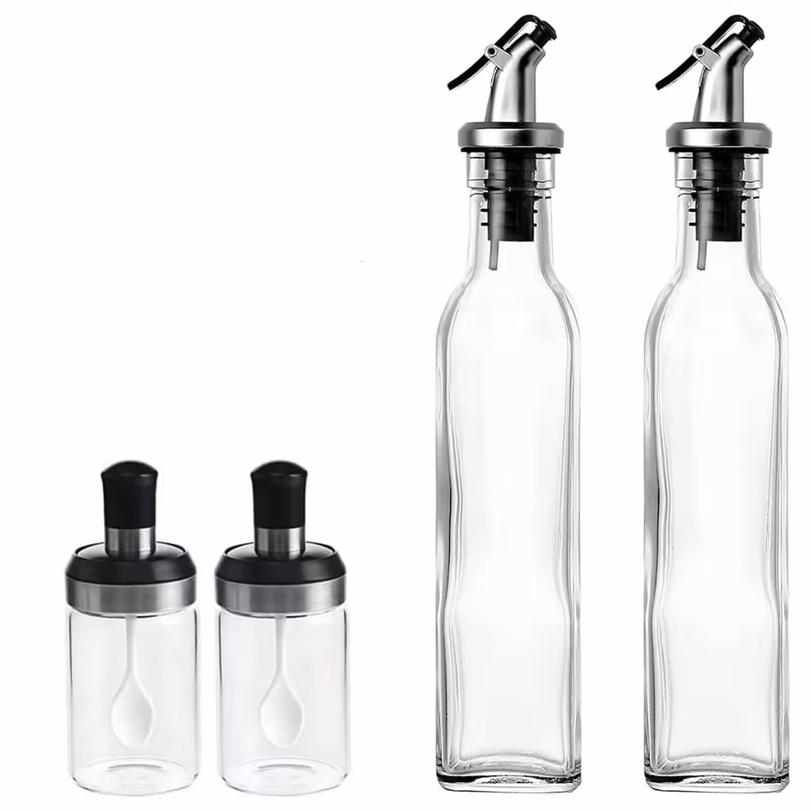 Sticle si Borcane de Ulei de Masline, Dozator Set 4 Bucati, 2 Sticle cu Dispenser 500 ml/buc, 2 Borcane pentru Condimente cu Capac si Lingura 120ml/buc, Transparent