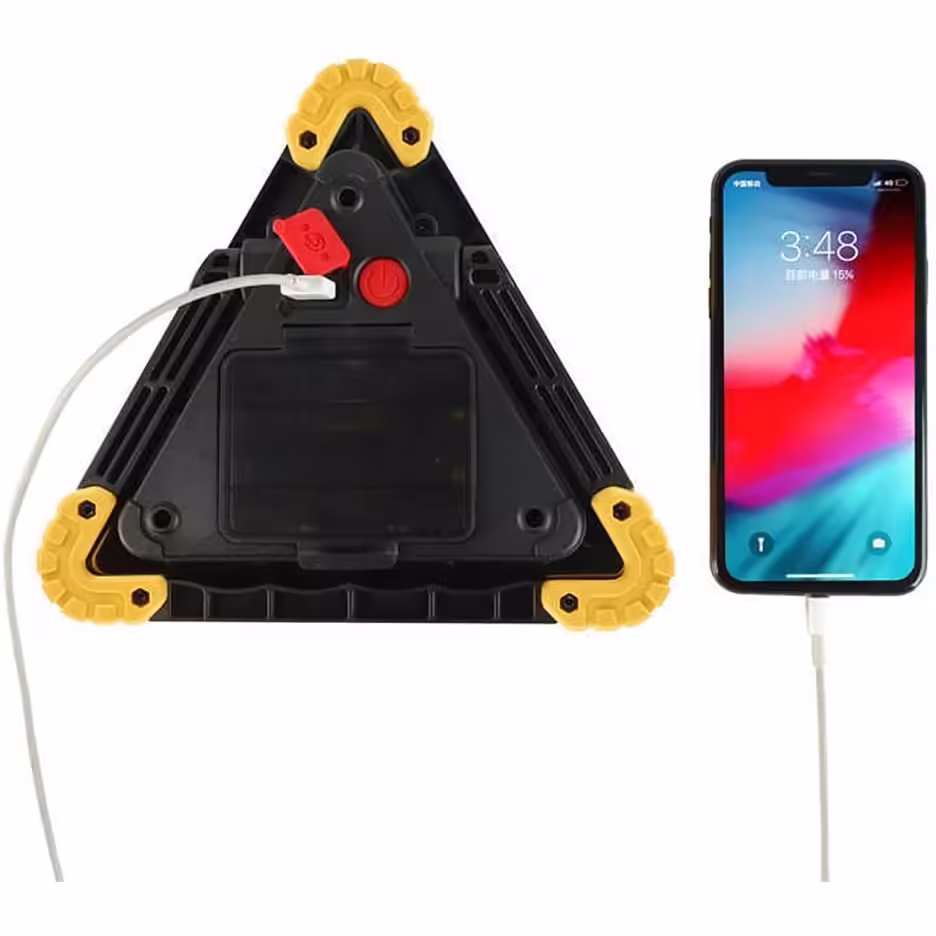 Triunghi Multifunctional de Avertizare, Lanterna LED, Impermeabil IP65, 800 lm, 2 x AA, Functie Incarcare Telefon, USB si Micro USB, COB 33, Portocaliu