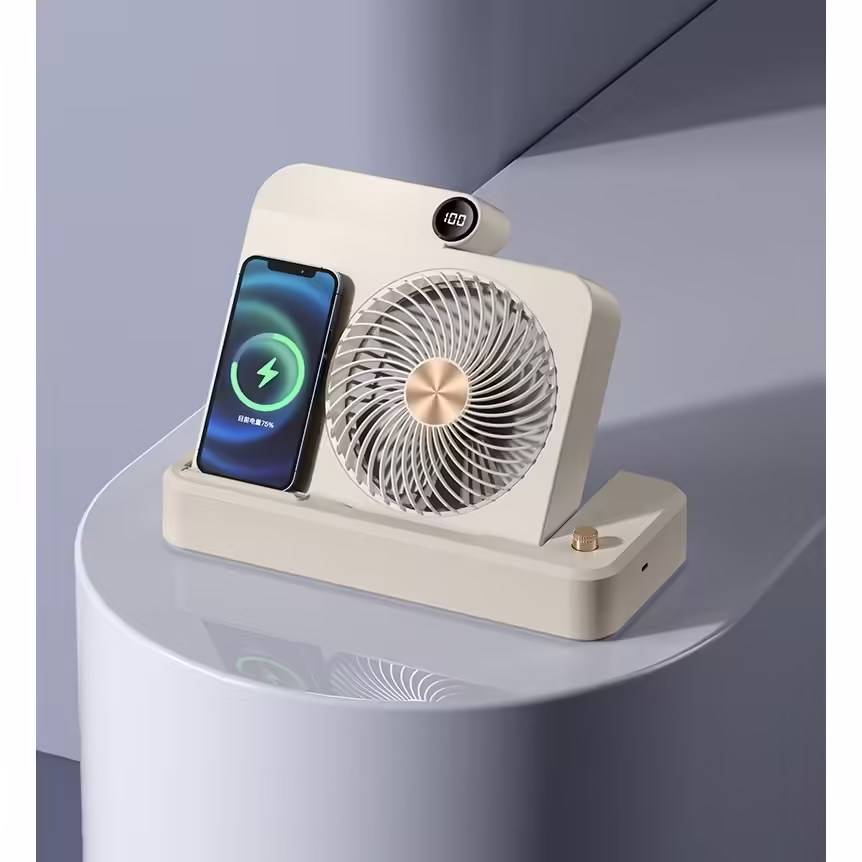 Ventilator 2in1, Functie Incarcare Telefon Wireless, 100 Trepte de Viteza, 2400 mAh, 5V, 2A, 25 x 16.5 x 24 cm, Bej
