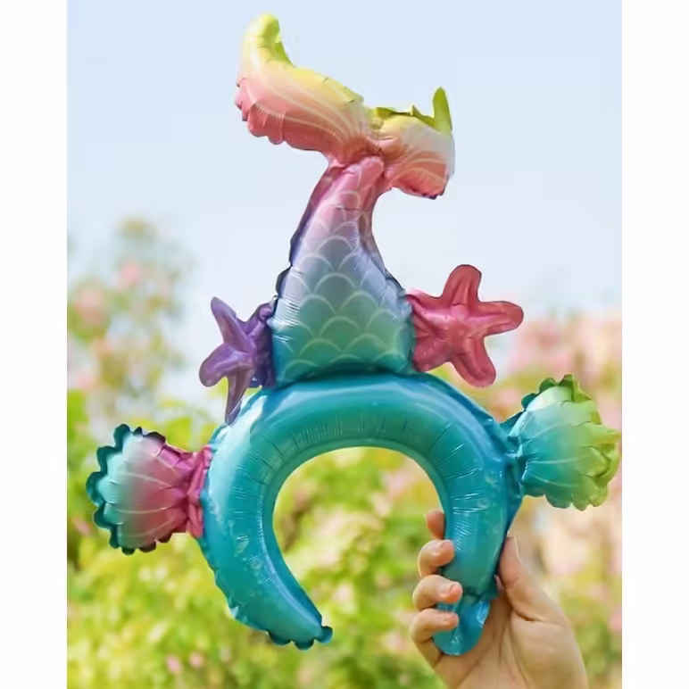 Balon din Folie Metalizata, Tip Coronita, Model Sirena, Ambalaj Individual, Pai Inclus, Umflare cu Aer sau Heliu, 43 x 50 cm, Multicolor