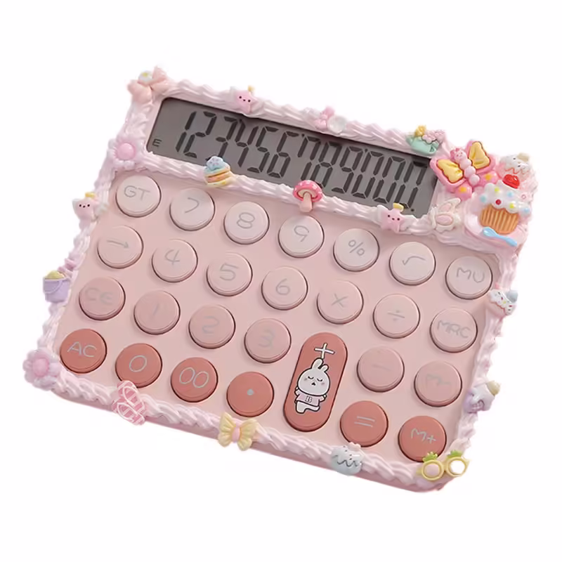 Calculator Electronic pentru Fete, Calculator Dragut pentru Scoala Primara, Ecran mare 12 digits si Tastatura Mecania, 15 x 12.5 cm, Decor cu elemente 3D pentru Fete, Roz