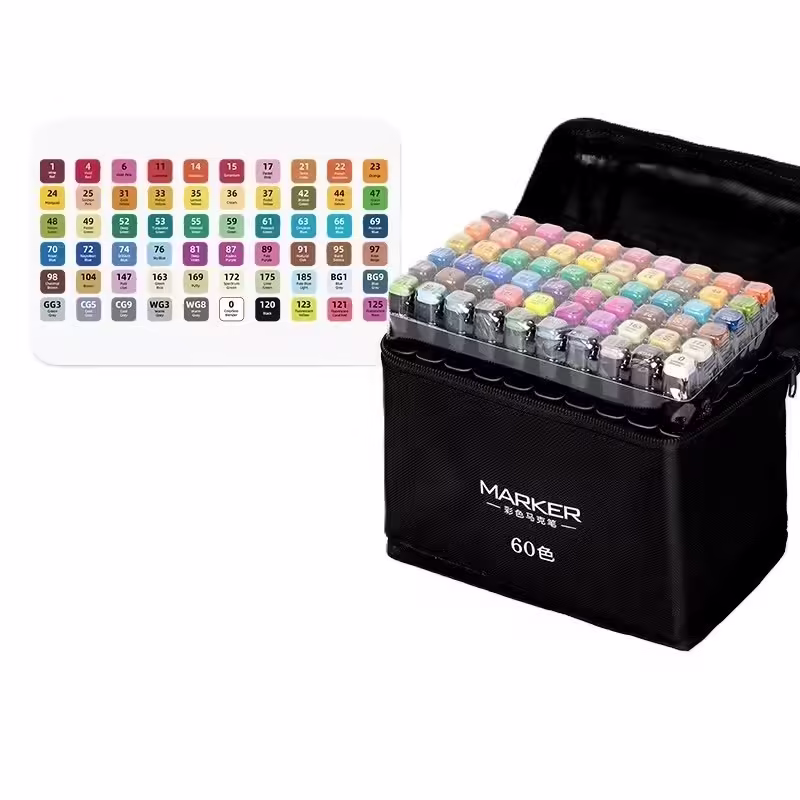 Set 60 Markere, pe Baza de Ulei, Dublu Capat, Subtire 1mm si Gros 6 mm, Geanta Depozitare, 15 cm, Multicolor