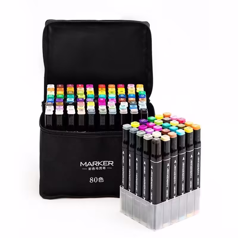 Set 80 Markere, pe Baza de Ulei, Dublu Capat, Subtire 1mm si Gros 6 mm, Geanta Depozitare, 15 cm, Multicolor