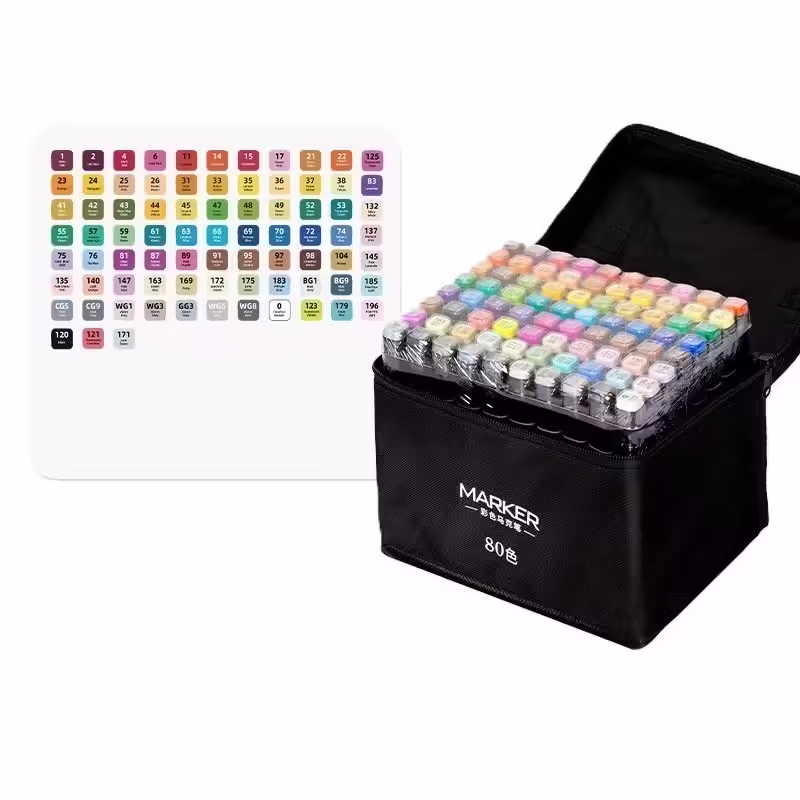 Set 80 Markere, pe Baza de Ulei, Dublu Capat, Subtire 1mm si Gros 6 mm, Geanta Depozitare, 15 cm, Multicolor