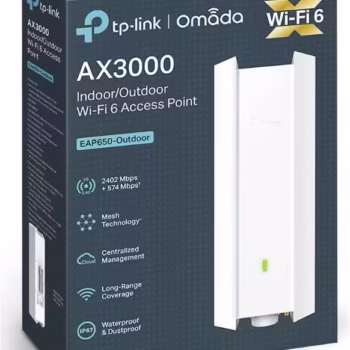 Wireless Access Point TP-Link EAP650-Outdoor, AX3000 Wireless Dual Band Indoor/Outdoor Access Point, 802.3at PoE, STANDARDE WIRELESS: IEEE 802.11ax/ac/n/g/b/a, interfata: 1× Port Ethernet (RJ-45) Gigabit (Suportă PoE 802.3at și Passive PoE), weather proof: IP67, Dimensiuni: 280.4×106.5×56.8 mm.