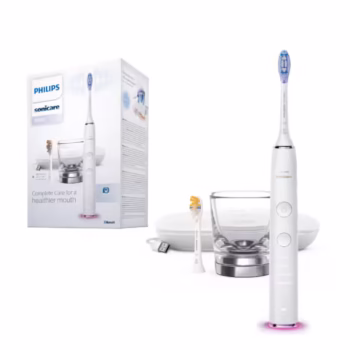 Periuta de dinti sonica electrica Philips Sonicare DiamondClean Smart 9400 HX9917/88, 62000 miscari/minut, 4 moduri de curatare, 3 nivele intensitate, senzor presiune, functia BrushSync, 2 baze cu rol de incarcare, 2 capete de periere, Alb