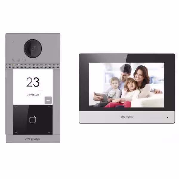Kit videointercom IP Hikvision DS-KIS604-S(C) pentru o familie (o vila/casa) format din: 1 post de exterior DS-KV8113-WME1 cu un buton de apelare, 1 monitor WiFi de 7″ DS-KH6320-WTE1, 1 card TF de 16GB pentru stocarea mesajelor si imaginilor capturate si 1 switch cu 4 porturi PoE