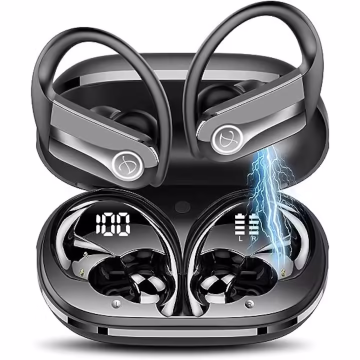 Căști Wireless DOBOPO Bluetooth 5.3 – 50H Autonomie, Cârlig Ureche Sport, LED Display, ENC Mic, IP7, Negru