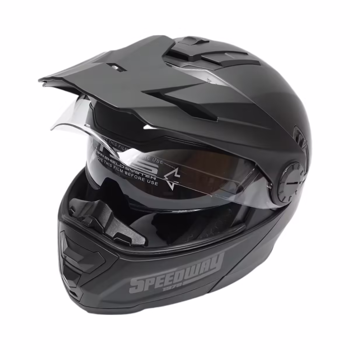 Casca motocross integrala negru mat cu viziera transparenta si ochelari de soare, marimea L, model LION