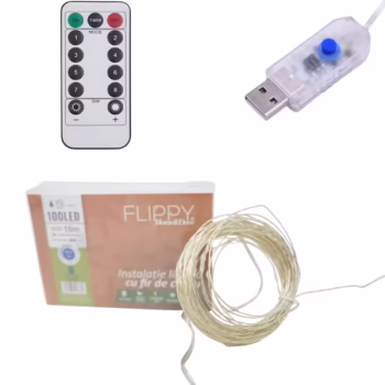 Instalatie de Craciun Liniara, Flippy®, Tip Liniara, Fir Cupru, 8 Jocuri de Lumini, cu Telecomanda, 10 m, 100 Led-uri, Alimentare USB, 4.5V, Albastru