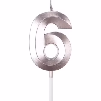 Lumanare Cifra 6, Flippy, Model Diamond, 5 x 3.4 cm, Argintiu