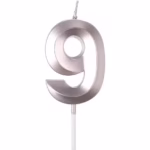 Lumanare Cifra 9, Flippy, Model Diamond, 5 x 3.4 cm, Argintiu