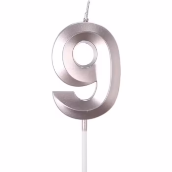 Lumanare Cifra 9, Flippy, Model Diamond, 5 x 3.4 cm, Argintiu