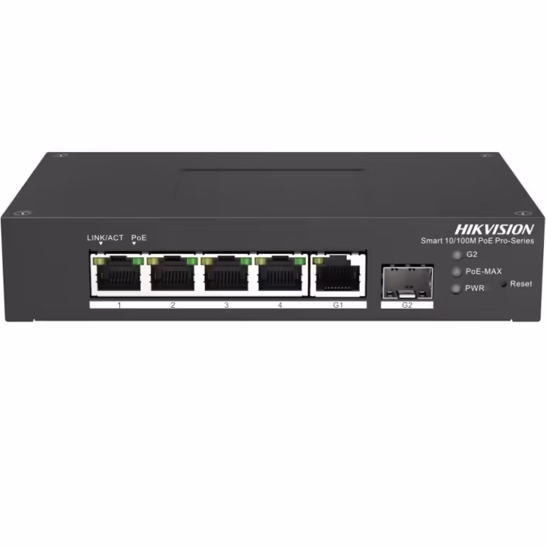 Switch PoE Hikvision DS-3T1306P-SI/HS: 4 × 10/100 Mbps PoE port,1 × Gigabit RJ45 port,1 × Gigabit fiber optical port, PoE: Ports 1 to 4 maxim 30W, buget PoE 60W, tensiune alimentare: 48VDC, 1.36A, dimensiuni: 158.00 mm × 101.20 mm × 31.60 mm, greutate: 1kg, montare pe birou sau sina.