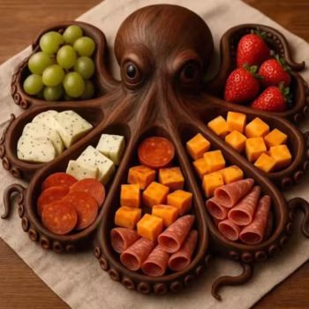 Platou pentru Servire, Flippy, in Forma de Caracatita, 8 Compartimente pentru Mezeluri Branzeturi Snacksuri, Design Artistic, din Lemn Masiv, 26 x 25 x 3 cm, Maro inchis