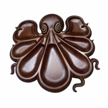 Platou pentru Servire, Flippy, in Forma de Caracatita, 8 Compartimente pentru Mezeluri Branzeturi Snacksuri, Design Artistic, din Lemn Masiv, 26 x 25 x 3 cm, Maro inchis