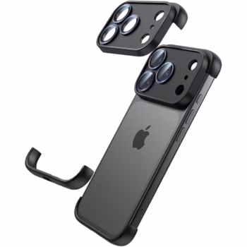 Carcasa de Telefon, Flippy, Compatibila Apple iPhone 17 Pro Max, Fara Rama, doar Colturi si Camera, din Metal, Grosime 0.1 mm, Negru