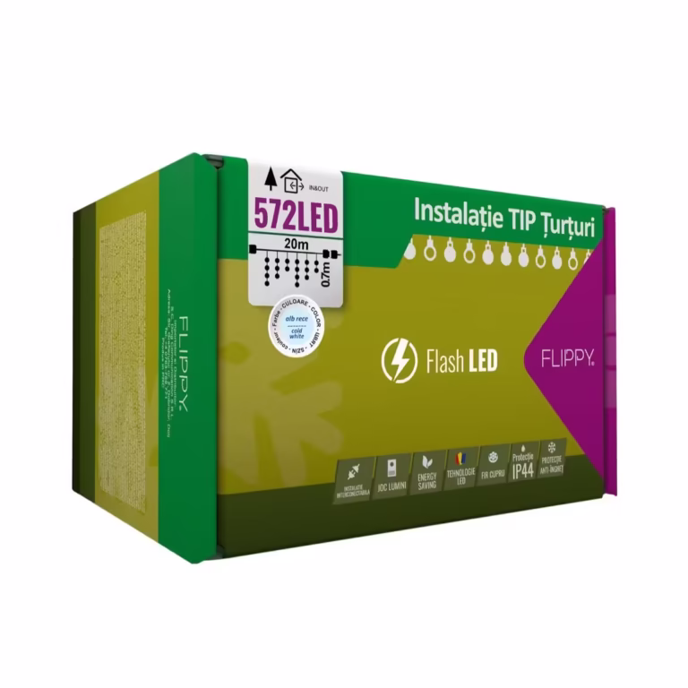 Instalatie Craciun, 20 m, 572 Led-uri ,Franjuri, Alb rece, Flash, Transformator, Interconectabila, Prelungitor 3 m inclus, Fir Transparent, Flippy