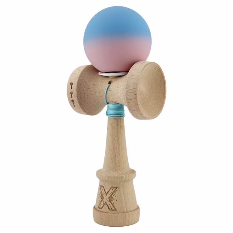 Kendama X Originala, Profesionala, Flippy, Rubber Grip, Cupe Mari KING SIZE V3, Gaura in Baza, Rulment Metalic, din lemn 18 cm, Ata 55 cm, Gradient Albastru/Roz