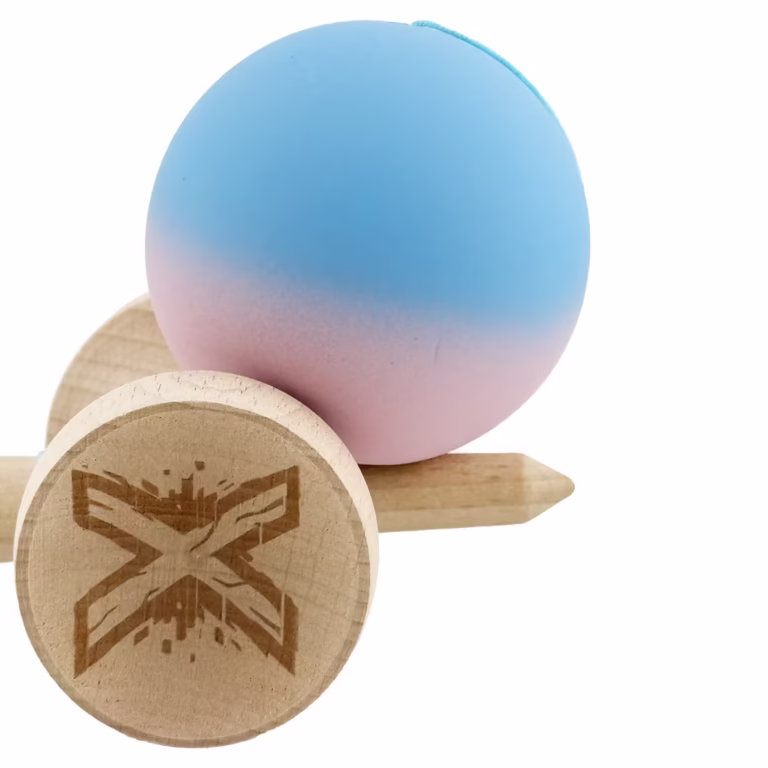 Kendama X Originala, Profesionala, Flippy, Rubber Grip, Cupe Mari KING SIZE V3, Gaura in Baza, Rulment Metalic, din lemn 18 cm, Ata 55 cm, Gradient Albastru/Roz