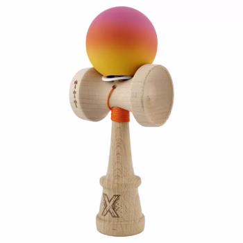 Kendama X Originala, Profesionala, Flippy, Rubber Grip, din Lemn, 18 cm, V3, Roz/Portocaliu/Galben