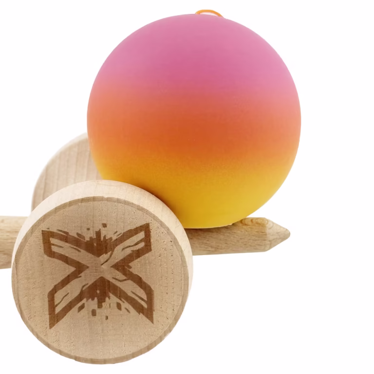 Kendama X Originala, Profesionala, Flippy, Rubber Grip, din Lemn, 18 cm, V3, Roz/Portocaliu/Galben