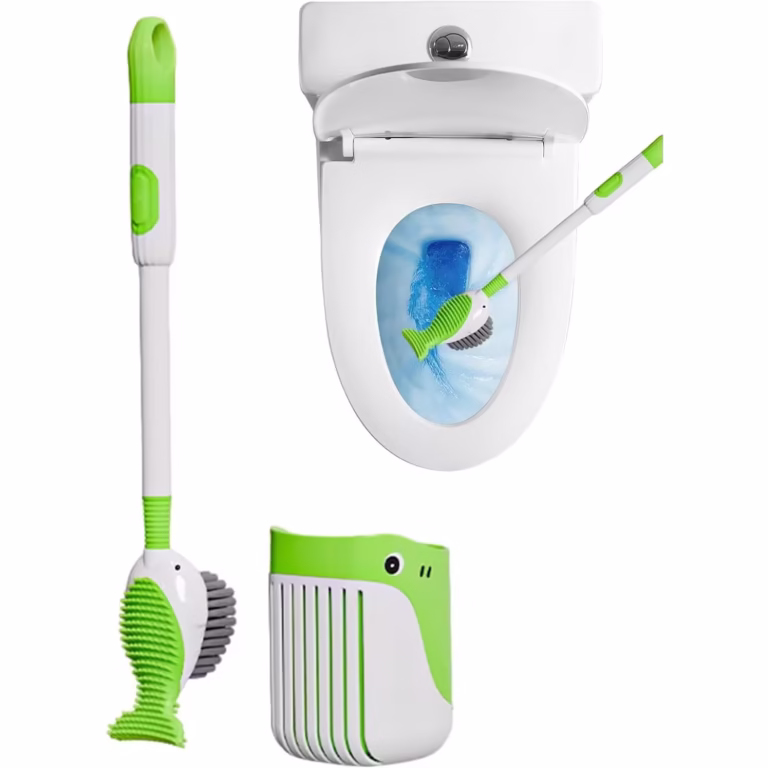 Perie de Toaleta, Flippy, cu Suport de Perete, Recipient Detergent, 2 Tipuri de Perii, Model Balena, Verde