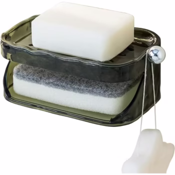 Savoniera Dubla, Flippy, 2 Straturi, Instalare fara Perforare, Agatatoare Burete, 13.5 x 8.5 x 6 cm, Verde Inchis