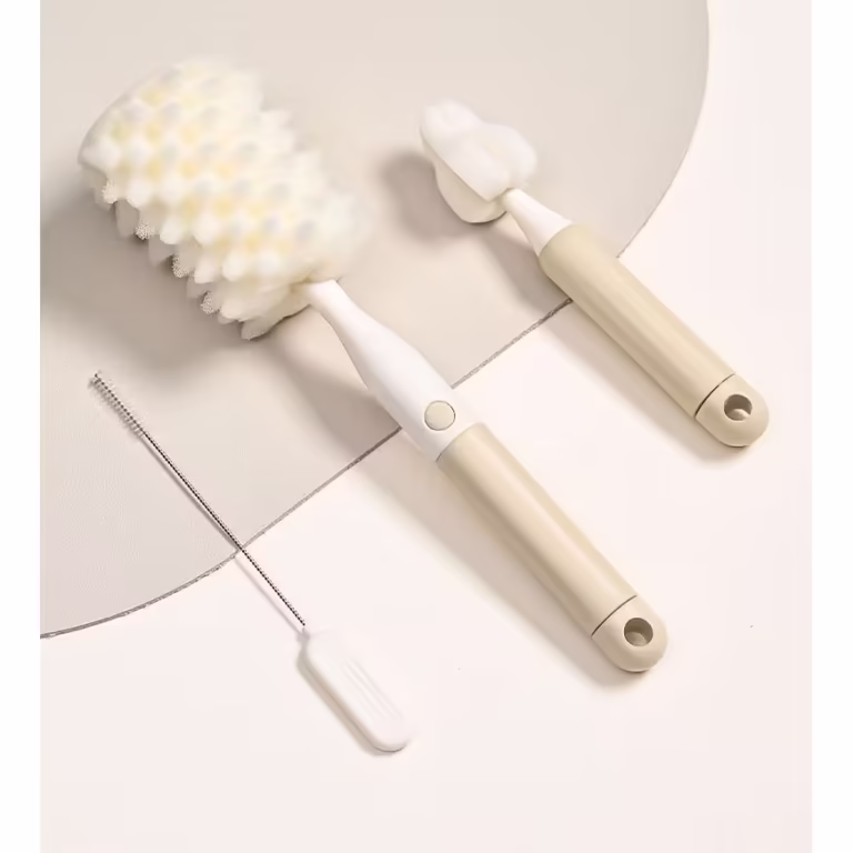 Set 3 Perii de Spalat Biberoane, Flippy, pentru Tetina, Biberon, Pai, Materiale Sigure, fara BPA, Curatare 360°, Bej