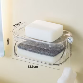 Savoniera Dubla, Flippy, 2 Straturi, Instalare fara Perforare, Agatatoare Burete, 13.5 x 8.5 x 6 cm, Transparent