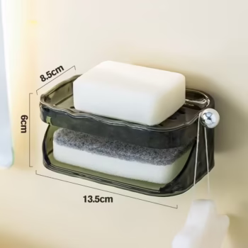 Savoniera Dubla, Flippy, 2 Straturi, Instalare fara Perforare, Agatatoare Burete, 13.5 x 8.5 x 6 cm, Verde Inchis