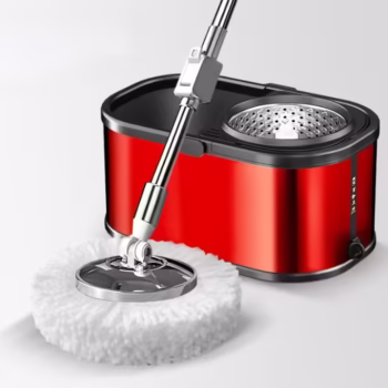 Set galeata mop cu centrifuga si rotatie 360 de grade din inox inoxidabil, Arvada MagicClean, galeata ovala, dimensiuni 42x26x22cm finisaj lucios si orificiu de scurgerea a apei cu 4 rezerve culoare alba, rosie