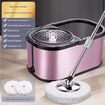 Set galeata mop cu centrifuga si rotatie 360 de grade din inox inoxidabil, Arvada MagicClean, galeata ovala, dimensiuni 42x26x22cm finisaj lucios si orificiu de scurgerea a apei cu 4 rezerve culoare alba, lila