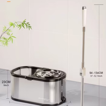 Set Arvada MagicClean galeata mop cu centrifuga si rotatie 360 de grade din inox inoxidabil, Arvada MagicClean, galeata ovala, dimensiuni 42x26x22cm finisaj lucios si orificiu de scurgerea a apei cu 10 rezerve culoare alba, Gri