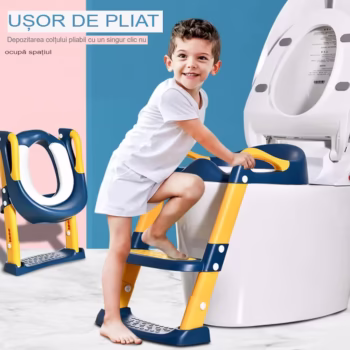 Reductor WC cu Scara Arvada®, antiderapant, pentru copii cu varsta pana la 10 ani, protectie impotriva stropilor, pliabil, 2 trepte, reglabil pe inaltime, 38 x 40 x 47 cm, manere de sustinere, Albastru / Galben