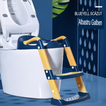 Reductor WC cu Scara Arvada®, antiderapant, pentru copii cu varsta pana la 10 ani, protectie impotriva stropilor, pliabil, 2 trepte, reglabil pe inaltime, 38 x 40 x 47 cm, manere de sustinere, Albastru / Galben