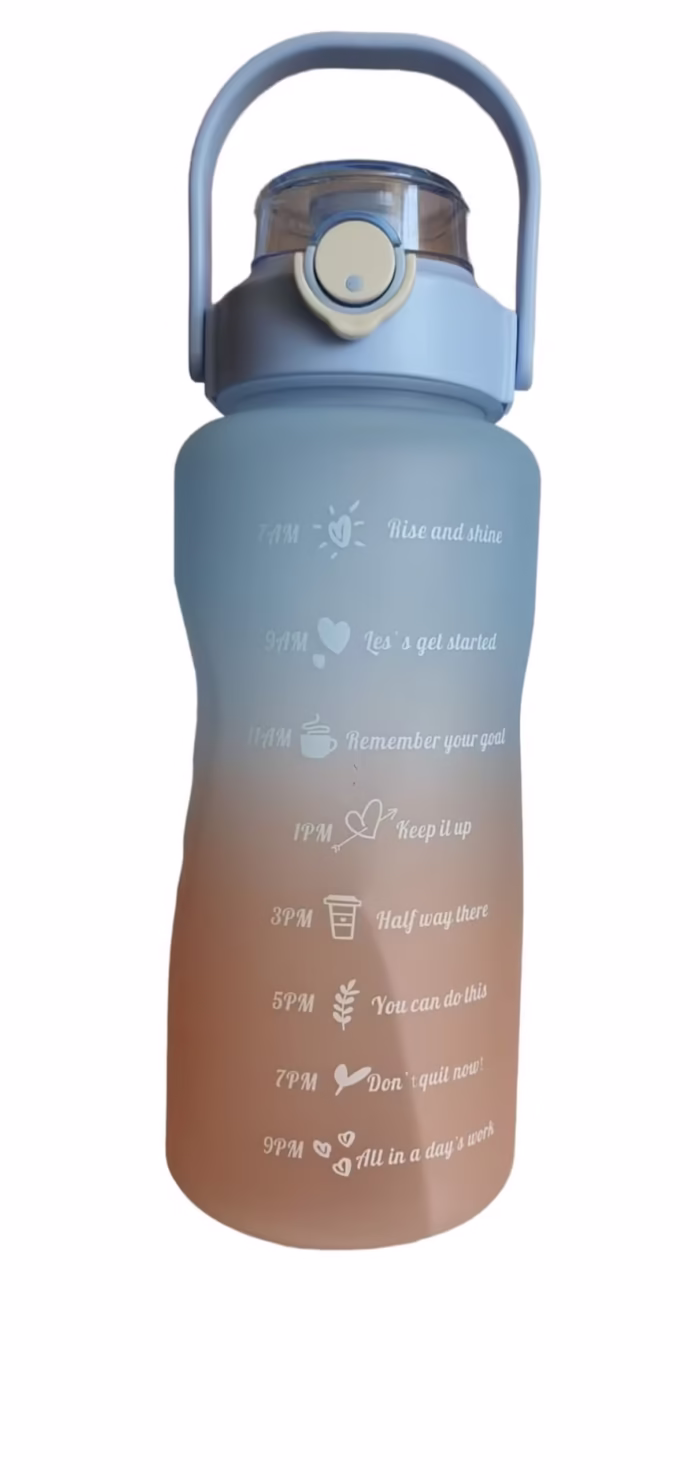 Sticla portabila motivationala plastic/tritan cu pai si marcator timp 2l pt sala,parcuri,scoala ,fitness,calatorii, albastru/portocaliu