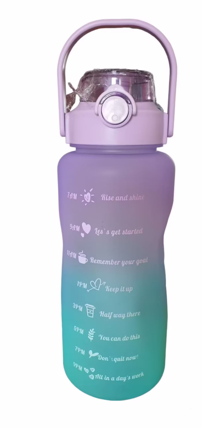 Sticla portabila motivationala plastic/tritan cu pai si marcator timp 2l pt sala,parcuri,scoala ,fitness,calatorii, albastru/mov