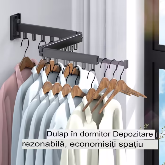 Suport de uscare montat pe perete Helper 114cm, retractabil cu carlige, usor de instalat, capacitate mare de incarcare, pentru balcon/baie/dormitor, negru