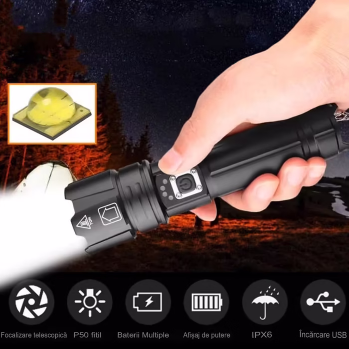 Lanterna LED Asafee SK1909 Ultra-Bright, 30w din aluminiu, sursa XHP70.2 , profesionala, focus ajustabil, acumulator 18650 inclus, rezistenta la apa, incarcare USB, 3500 lumeni, 5 moduri lumina, negru