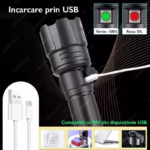 Lanterna LED Asafee SK1909 Ultra-Bright, 30w din aluminiu, sursa XHP70.2 , profesionala, focus ajustabil, acumulator 18650 inclus, rezistenta la apa, incarcare USB, 3500 lumeni, 5 moduri lumina, negru