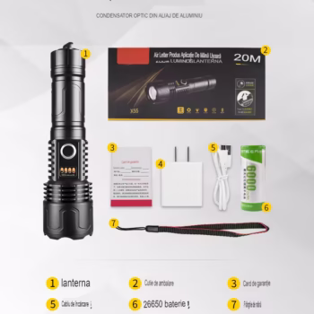 Lanterna LED Asafee LT-P0006 Ultra-Bright, 20w din aluminiu, sursa XHP50/70/WHITE LASER , profesionala, focus ajustabil, acumulator 6000mah inclus, rezistenta la apa, incarcare USB, 3500 lumeni, 3 moduri, neagra
