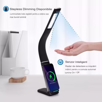 Lampa de birou cu LED SML TX 75, incarcare wireless 10W telefon IOS sau Android , port USB 5V/2.1A, protectie ochi, brat flexibil reglabil 180˚ aprindere si reglare intensitate prin gesturi, design modern, pretabil office sau acasa, 40×6.5×50 cm, neagra