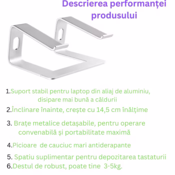 Stand laptop Smarto C8D, fabricat din aluminiu, portabil ergonomic, compatibil cu laptopuri de la 10 la 15.6 inch, dimensiuni 25*23*14 cm, argintiu