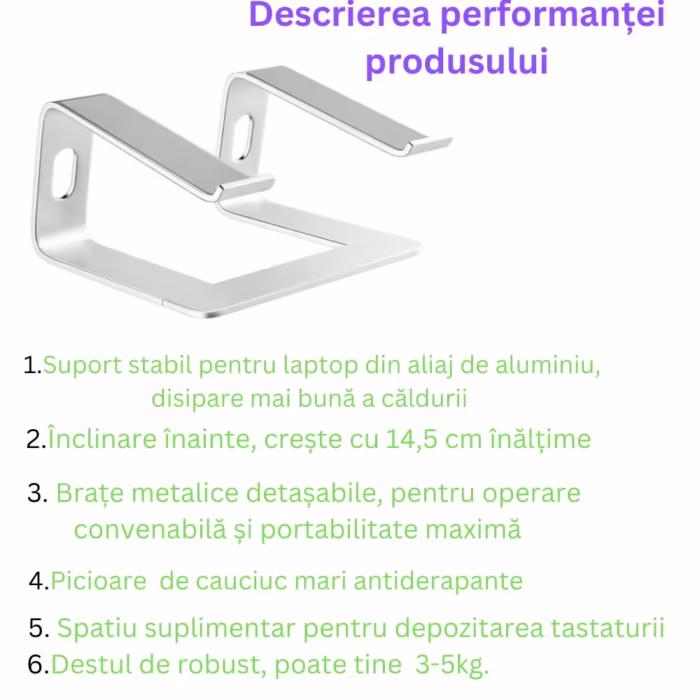Stand laptop Smarto C8D, fabricat din aluminiu, portabil ergonomic, compatibil cu laptopuri de la 10 la 15.6 inch, dimensiuni 25*23*14 cm, argintiu