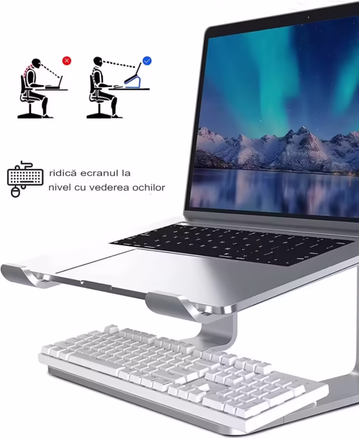 Stand laptop Smarto C8D, fabricat din aluminiu, portabil ergonomic, compatibil cu laptopuri de la 10 la 15.6 inch, dimensiuni 25*23*14 cm, argintiu