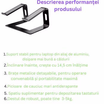 Stand laptop Smarto C8D, fabricat din aluminiu, portabil ergonomic, compatibil cu laptopuri de la 10 la 15.6 inch, dimensiuni 25*23*14 cm, negru