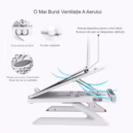 Stand pentru laptop Tronsmart AP9001-B ergonomic si portabil care asigura o ventilare eficienta si un unghi de inclinare reglabil, compatibil cu MacBook Air, Pro sau Microsoft Surface cu dimensiuni pana in 15,6 inch, dimensiuni 28x28x22.5 cm, alb
